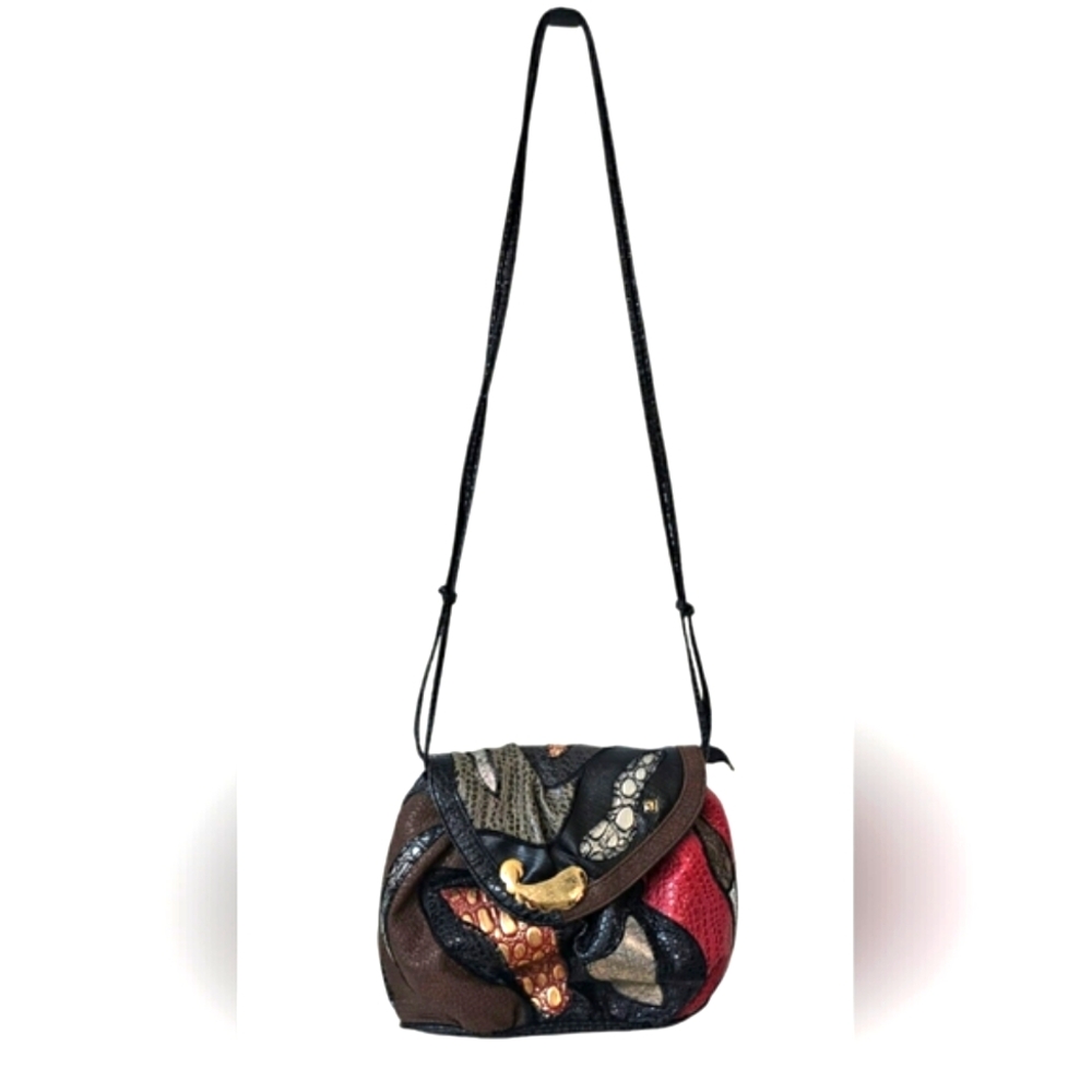 RARE Vintage NAS Alentino Black Leather Exotic Crossbody Purse Patchwork Gold - Picture 3 of 15